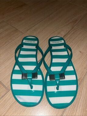 Coach Teal & White Striped Bow Jelly Flip Flops